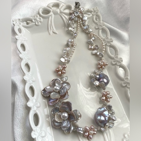 N290-Premium RARE Natural Blue Petal Pearl Blue Flameball Pearl Flower Necklace - Picture 2 of 16